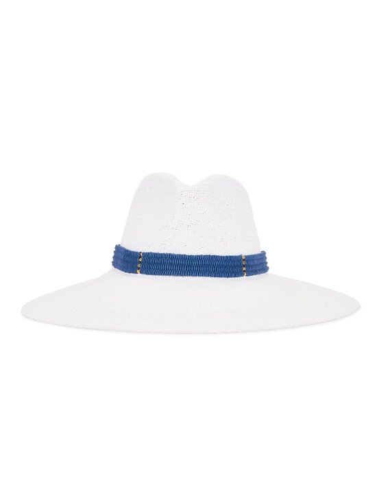 NEW Nikki Beach Saylor Hat in White & Navy Blue Toyo Straw Wide Brim Fedora